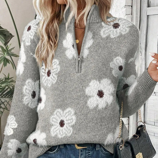 Women's Floral Cable-Knit Quarter-Zip Sweater in Gray