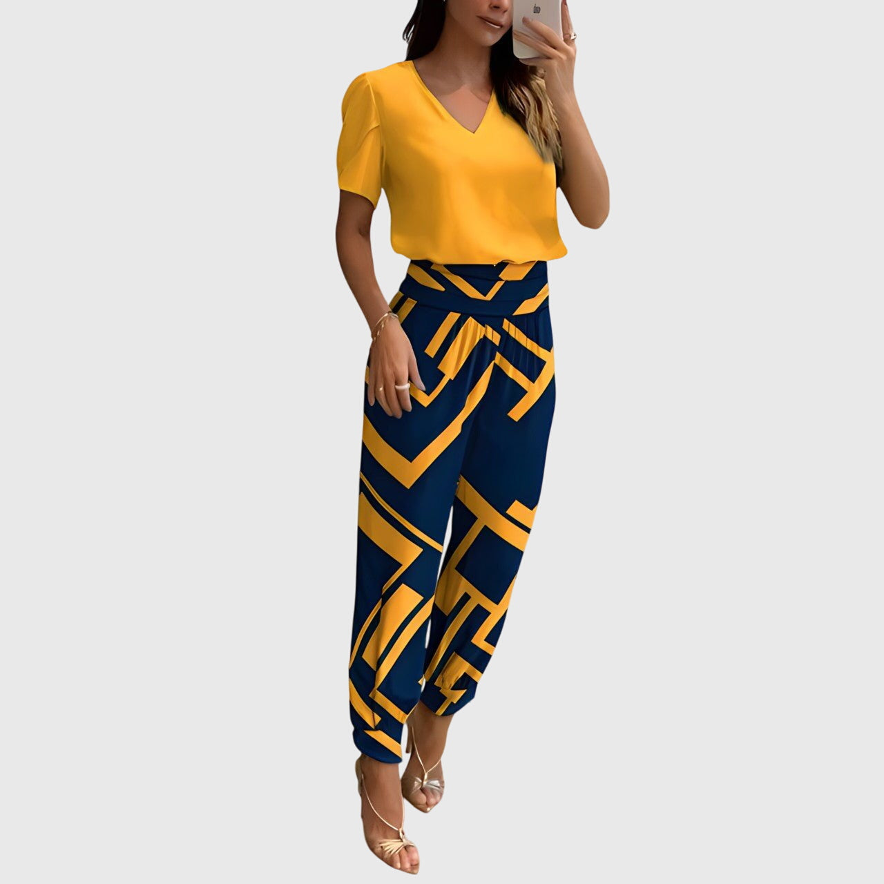 Women's Stylish Blouse and Pants Set in Yellow-Blue Print