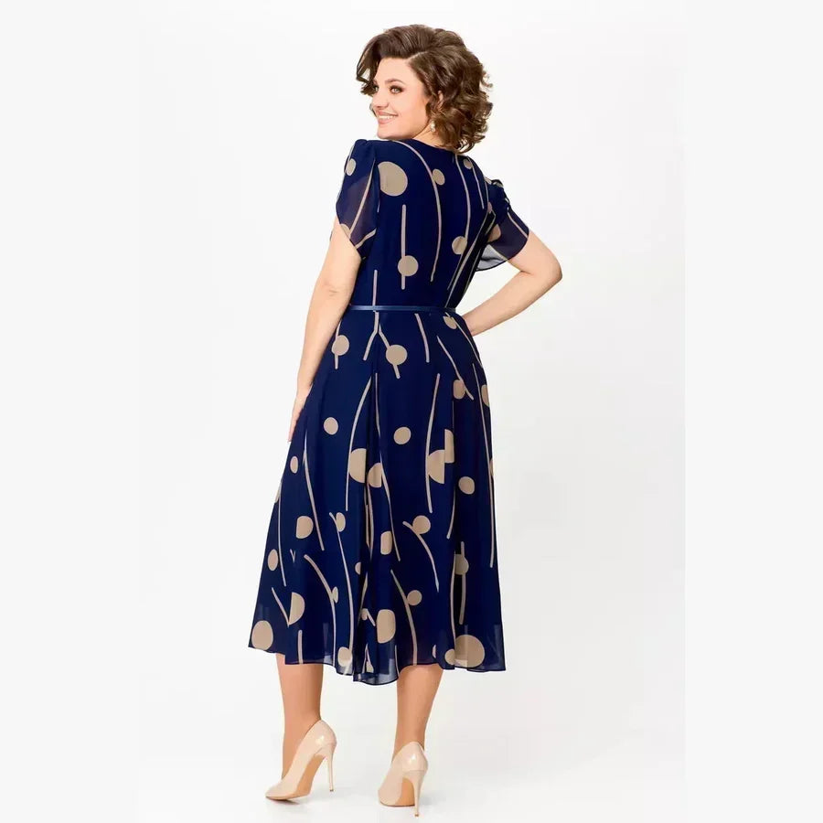 Navy Polka Dot Print Chiffon Midi Dress, photo 2
