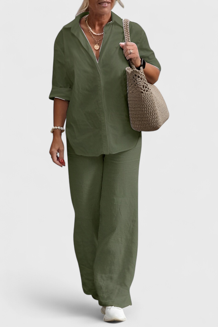 Relaxed Fit Two-Piece Linen-Cotton Ensemble in Green