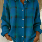 Women's Brushed Knit Plaid Cardigan in Blue
