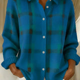 Women's Brushed Knit Plaid Cardigan in Blue