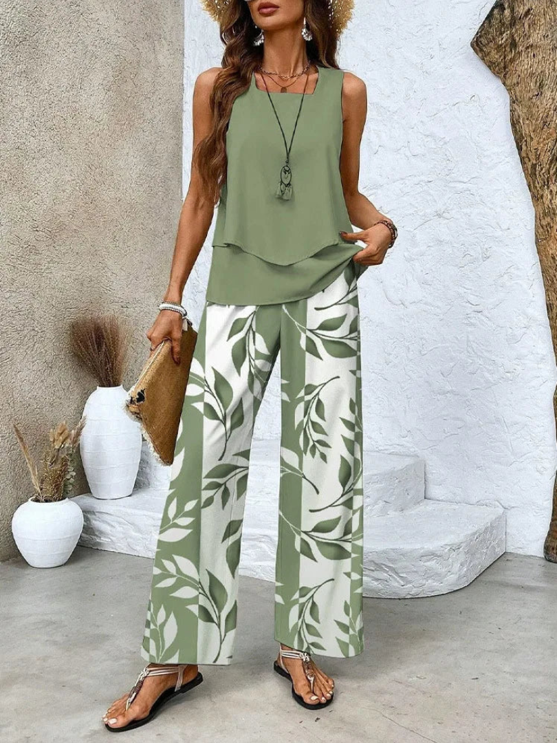 Women's Sleeveless Top And Wide-Leg Pants Set in Green