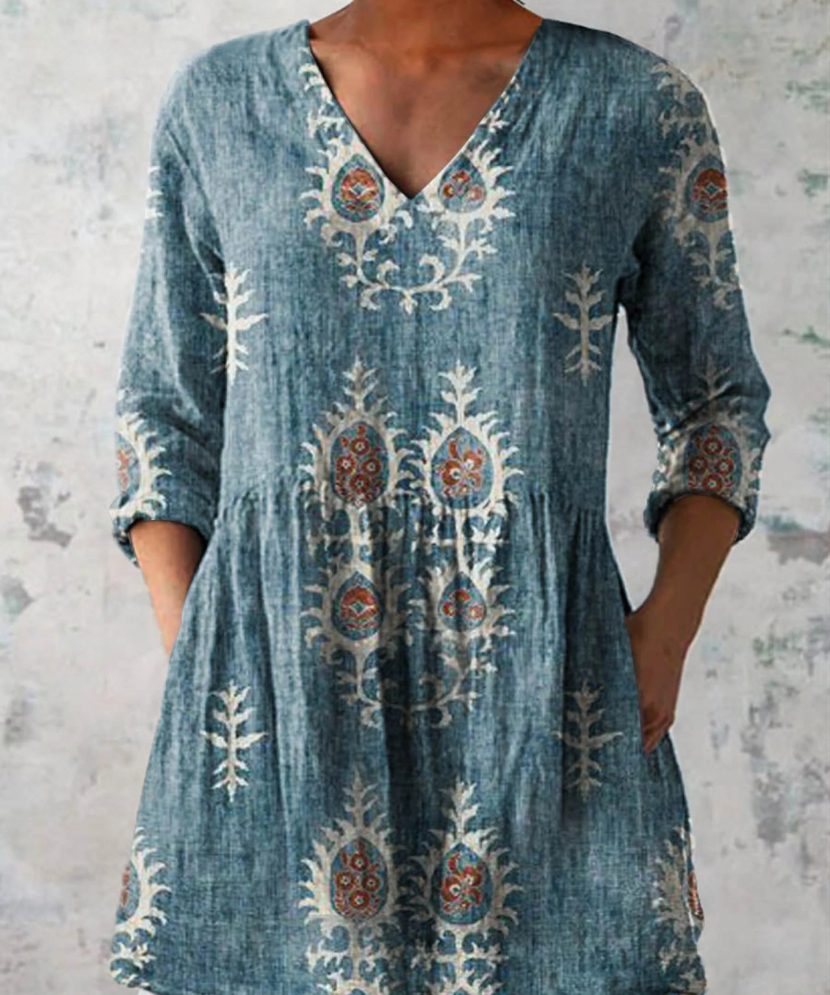 Elise Long Blouse with V-Neck in Blue