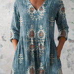 Elise Long Blouse with V-Neck in Blue