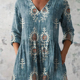 Elise Long Blouse with V-Neck in Blue