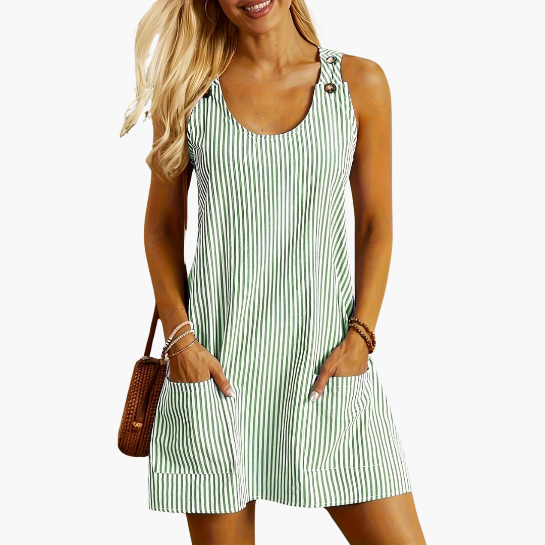 Women's Sleeveless Striped Pocket Dress in Green