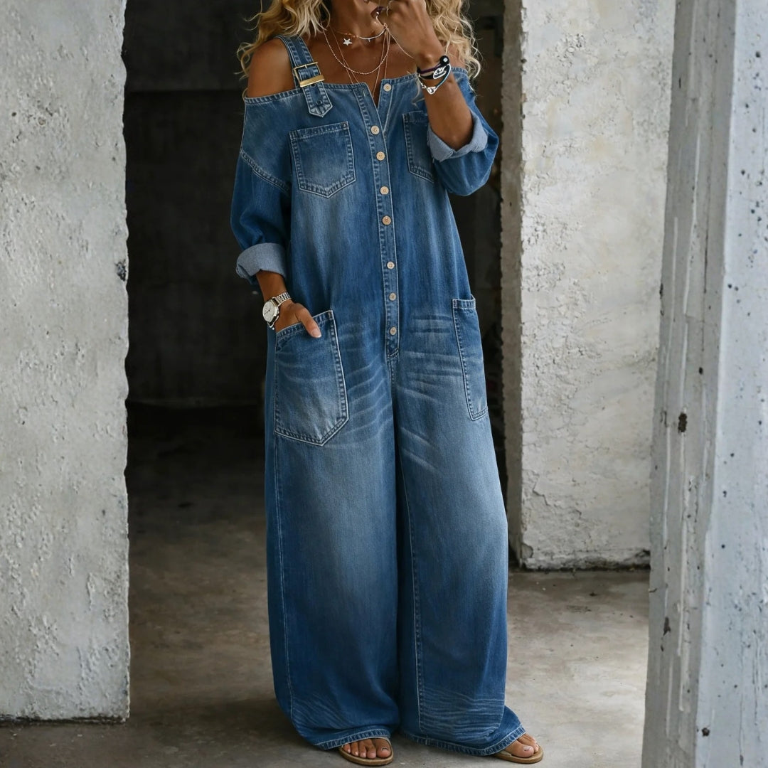 Amelia Off-Shoulder Denim Jumpsuit