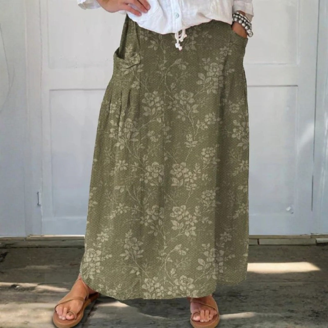 Vintage Floral Elastic-Waist Linen Skirt