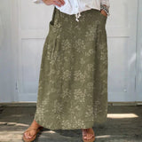 Vintage Floral Elastic-Waist Linen Skirt