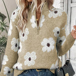 Women's Floral Cable-Knit Quarter-Zip Sweater in Brown