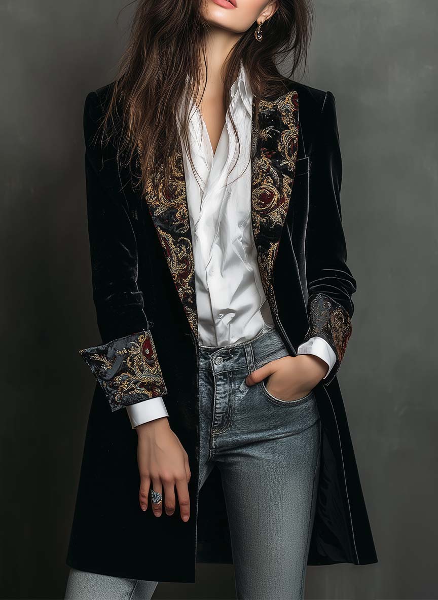 Léontine | Fitted Black Baroque Printed Blazer