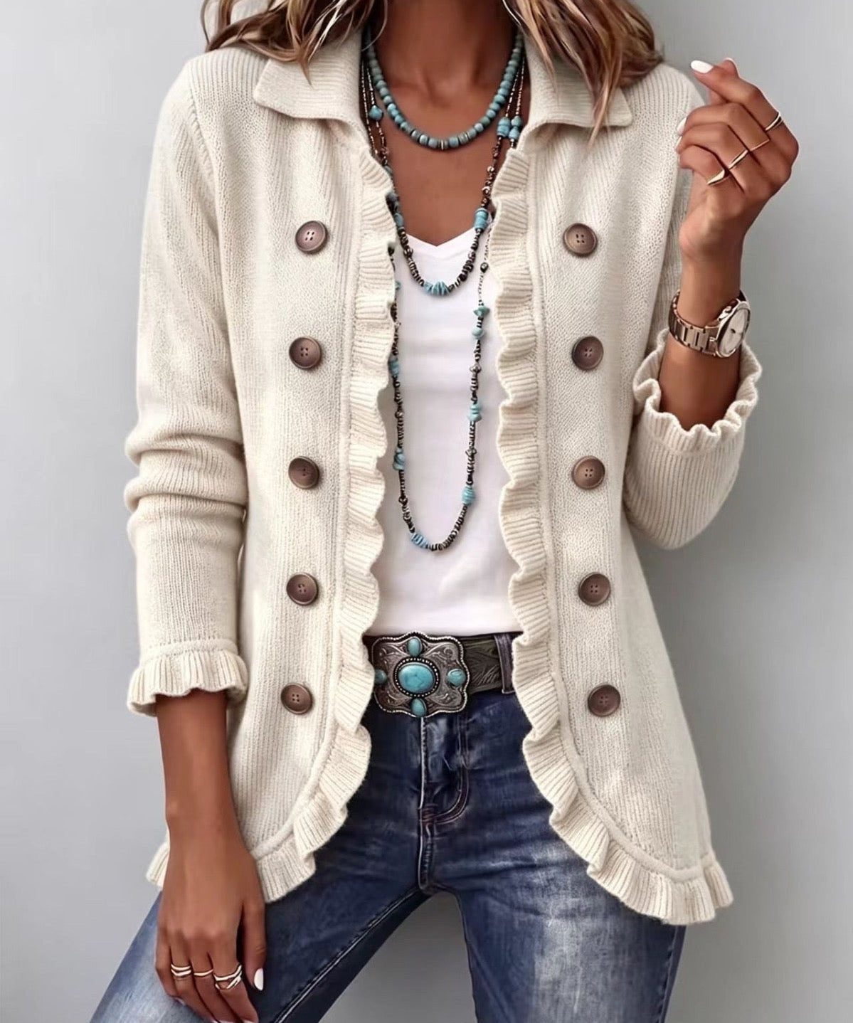 Women's Ivory Ribbed Knit Ruffle Jacket