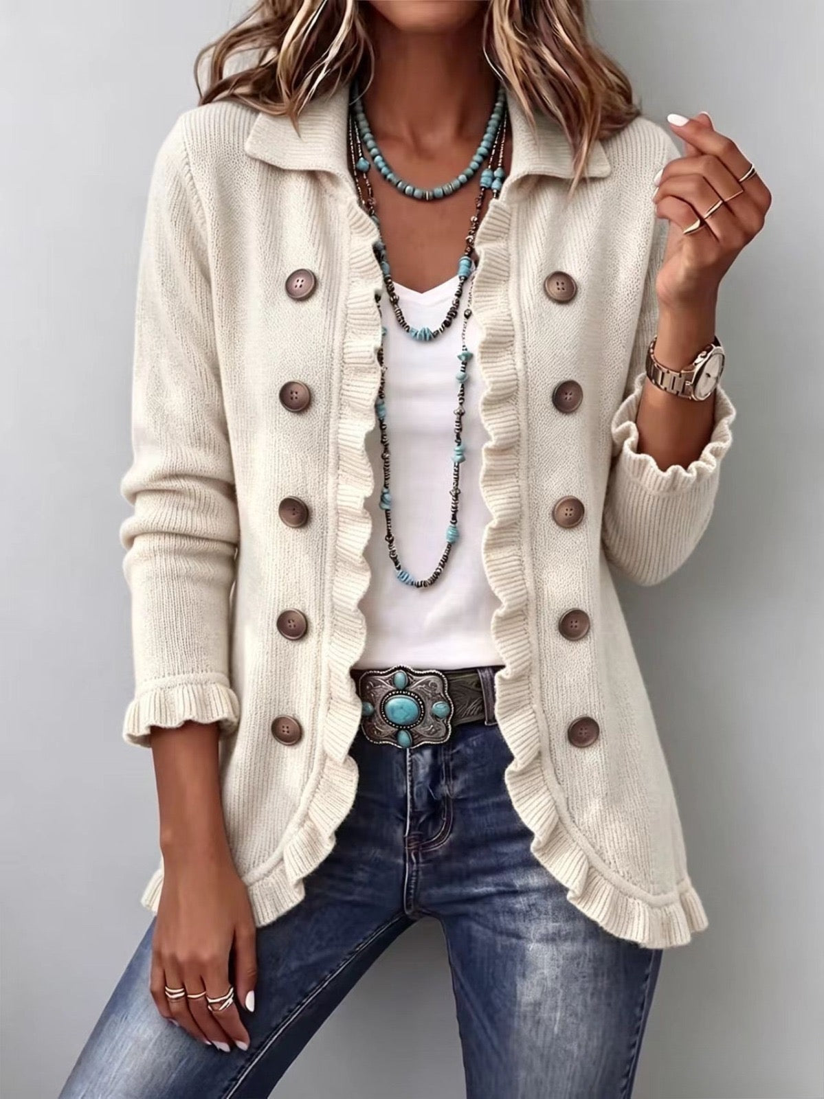 Women's Ivory Ribbed Knit Ruffle Jacket