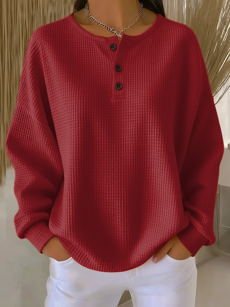 Women's Waffle Henley Sweatshirt in Red