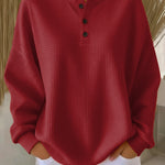 Women's Waffle Knit Henley Sweatshirt in Red