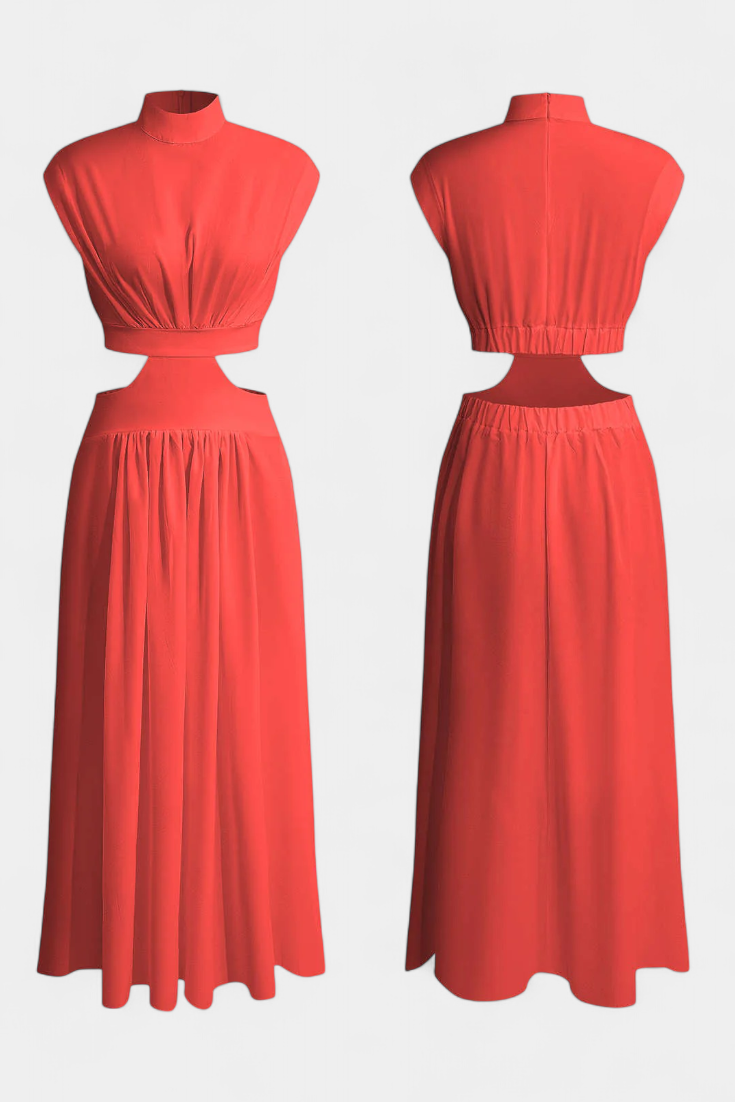 High-Neck Top & Side-Slit Skirt Set in Red