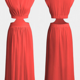 High-Neck Top & Side-Slit Skirt Set in Red