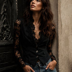 Noémie | Black Blazer Top with Semi-Transparent Sleeves