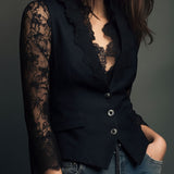 Noémie | Black Blazer Top with Semi-Transparent Sleeves