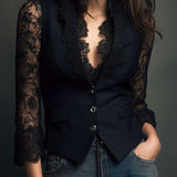 Noémie | Black Blazer Top with Semi-Transparent Sleeves