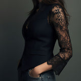 Noémie | Black Blazer Top with Semi-Transparent Sleeves