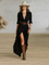 Women's Long Linen Dress with Reverse Collar in Black