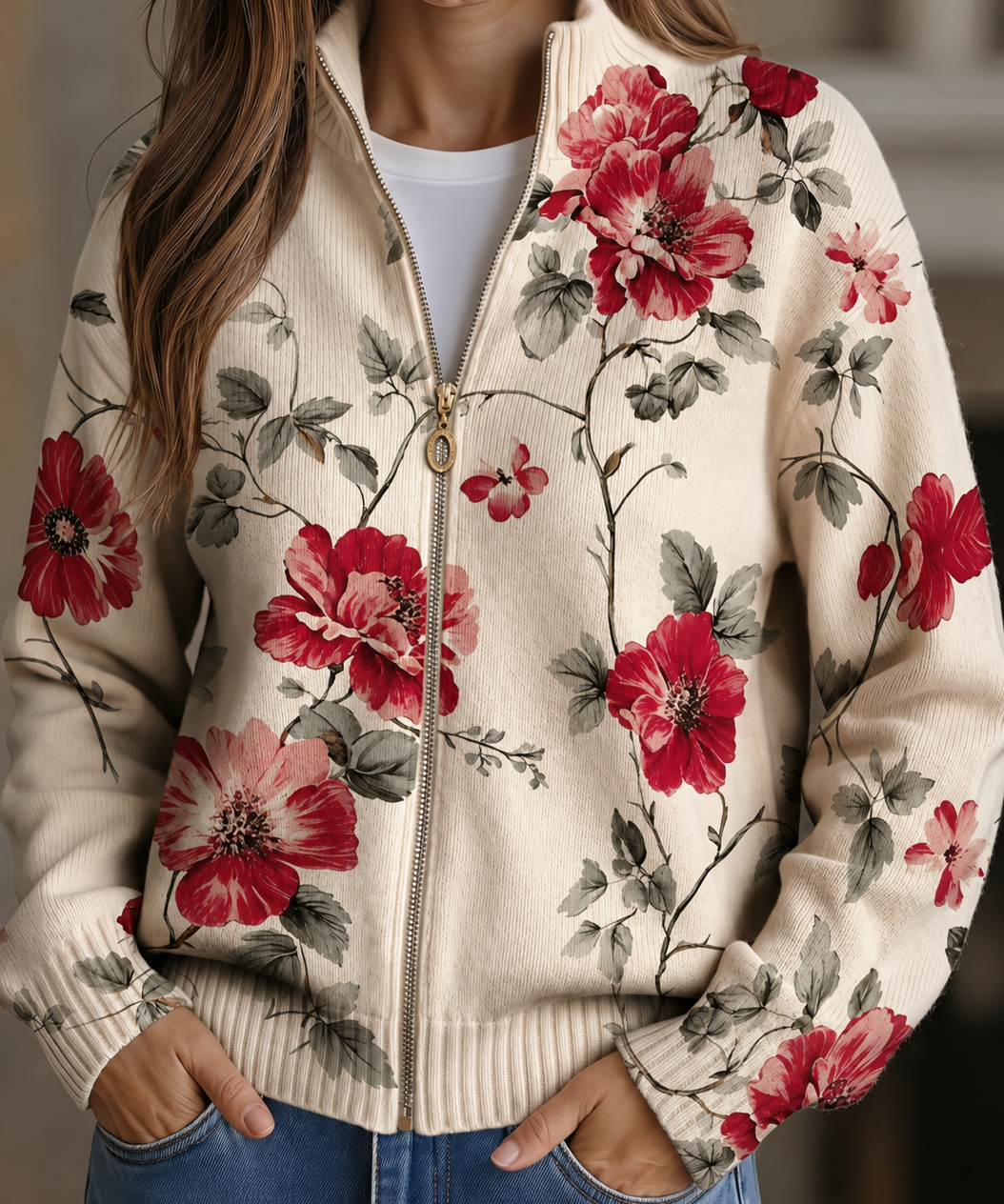 Women's Rose Print Zip Cardigan