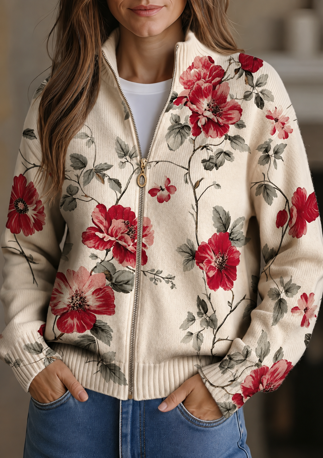Women's Rose Print Zip Cardigan