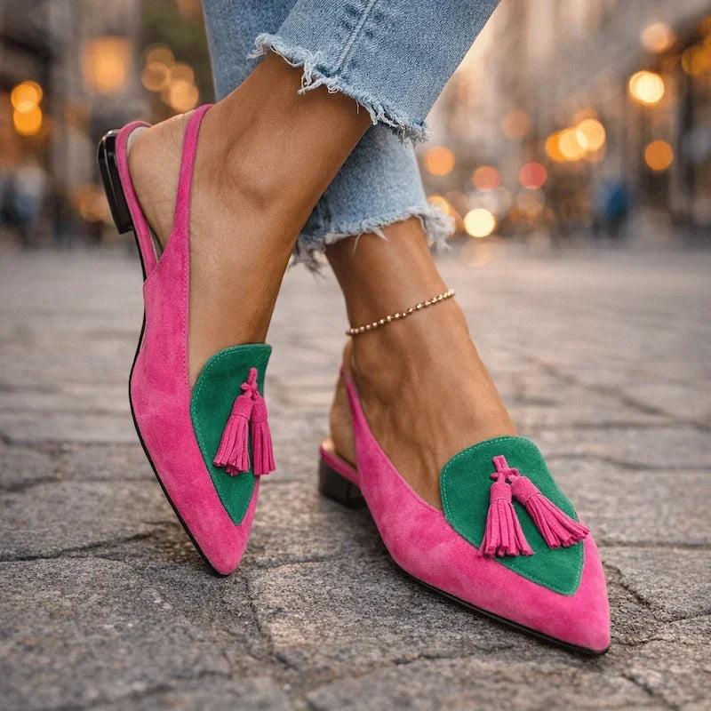 Women's sandals with straps and tassels in Pink and Freen