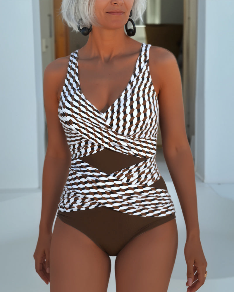 Swimsuit with Cross Over Design for Resort Casual Wear in Brown