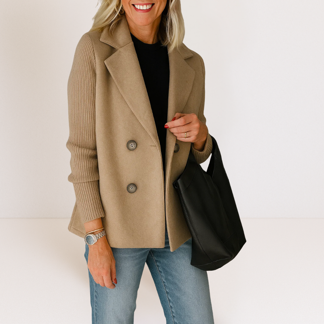 Women's Knit-Sleeve Tailored Coat in Khaki
