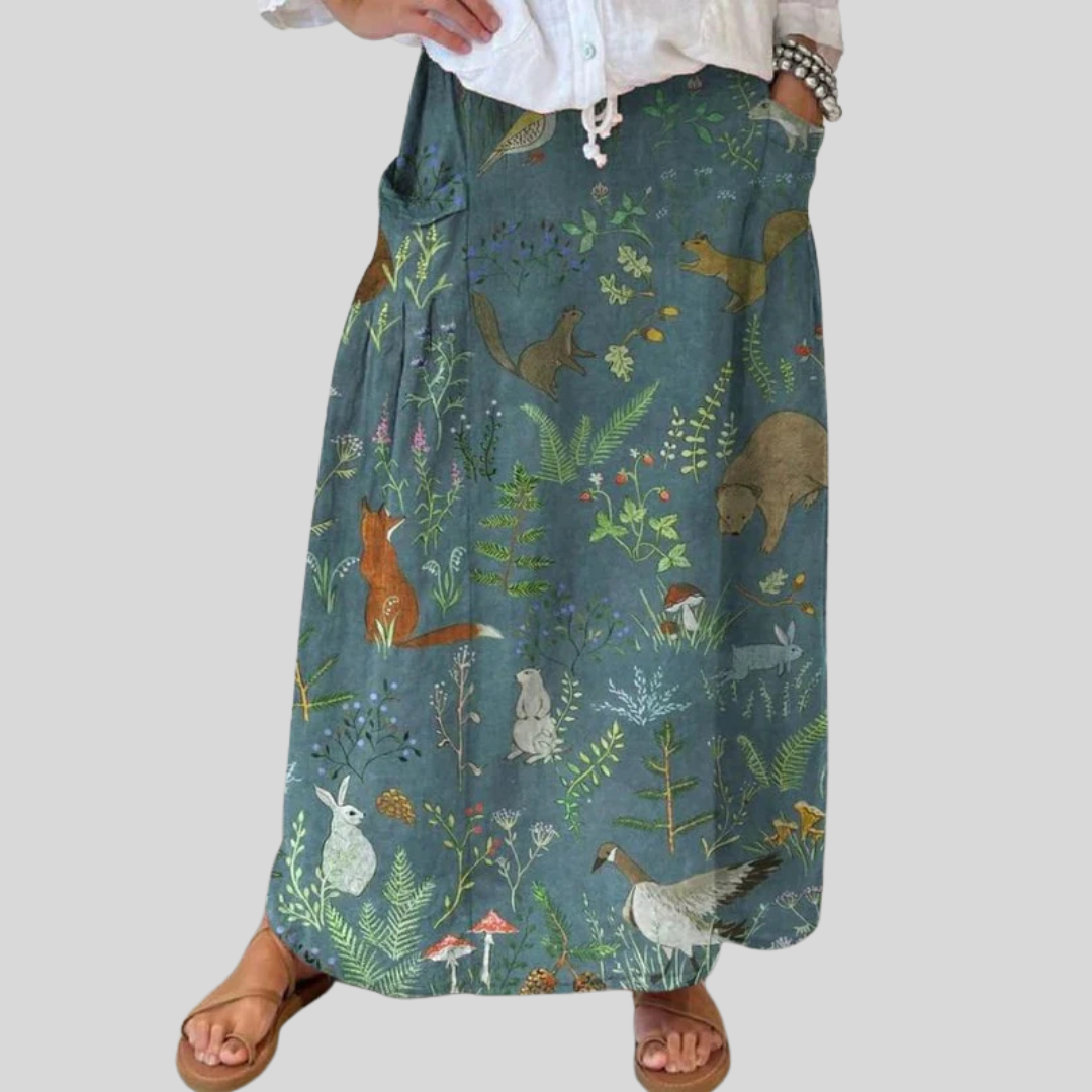 Retro Floral Animals Linen Pocket Skirt