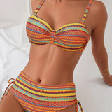 Women's Two Piece Swimsuit with Striped Print in Orange