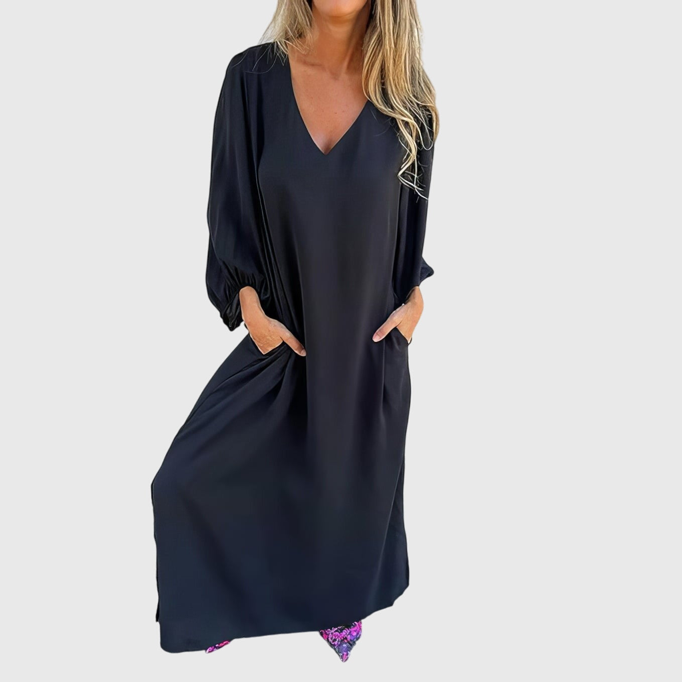 Women's Long Boho Dress with Pockets in Black