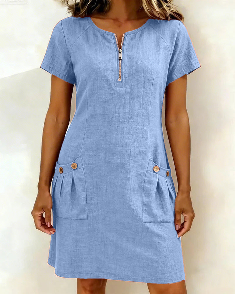 Women's Cotton Dress with Zipper Pocket in Blue
