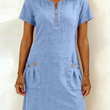 Women's Cotton Dress with Zipper Pocket in Blue