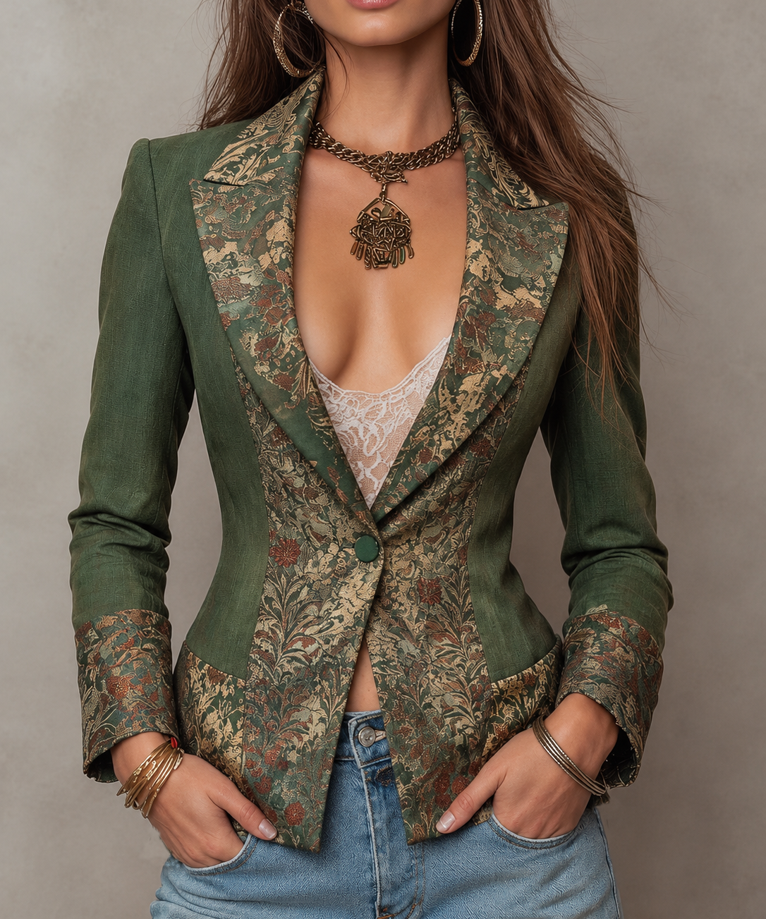 Vintage Floral Tapestry Contrast Lapel Cuff Single Button Fitted Olive Green Blazer