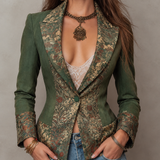 Vintage Floral Tapestry Contrast Lapel Cuff Single Button Fitted Olive Green Blazer