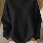 Women's Waffle Knit Henley Sweatshirt in Black