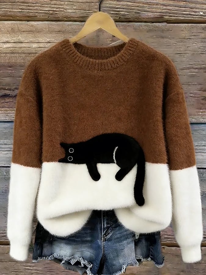 Women's Soft Cat Graphic Sweater in Brown