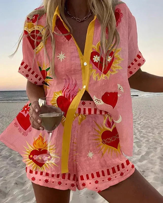 Women's Folk Heart Two-Piece Summer Set