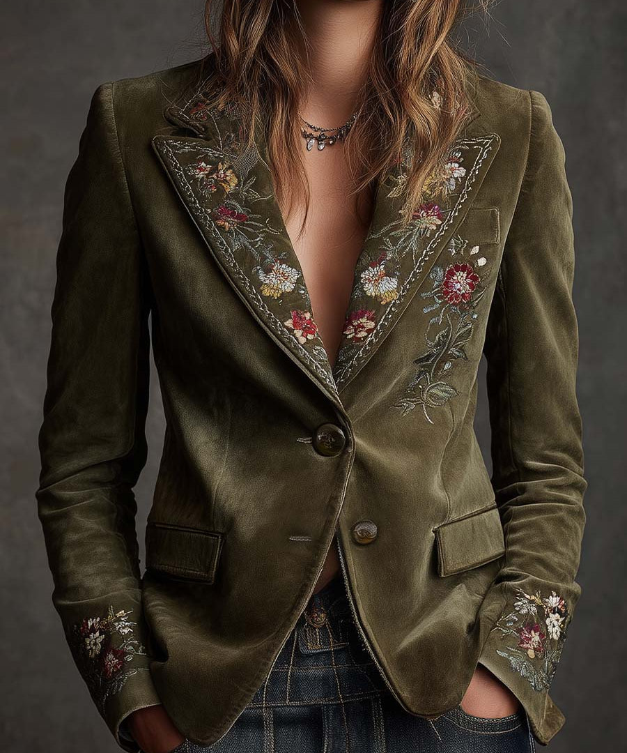 Olive Green Velvet Blazer With Intricate Floral Embroidery