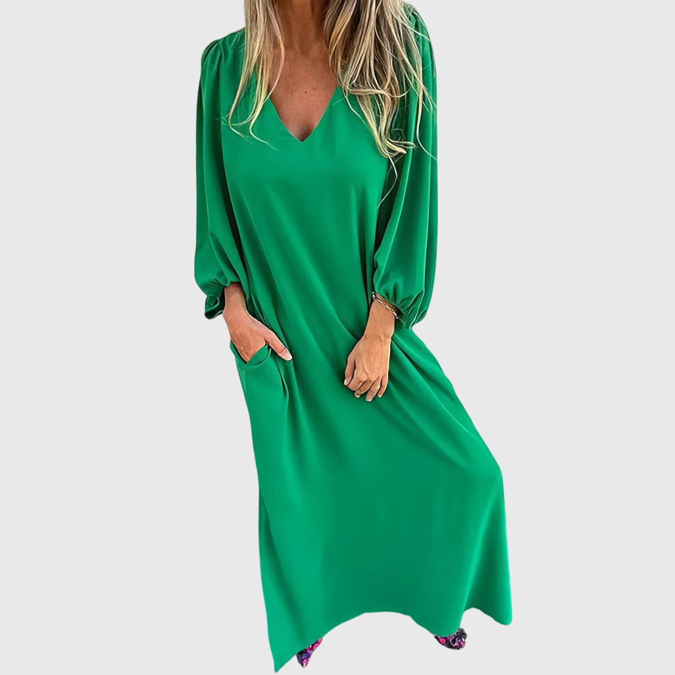 Women's Long Boho Dress with Pockets in Green