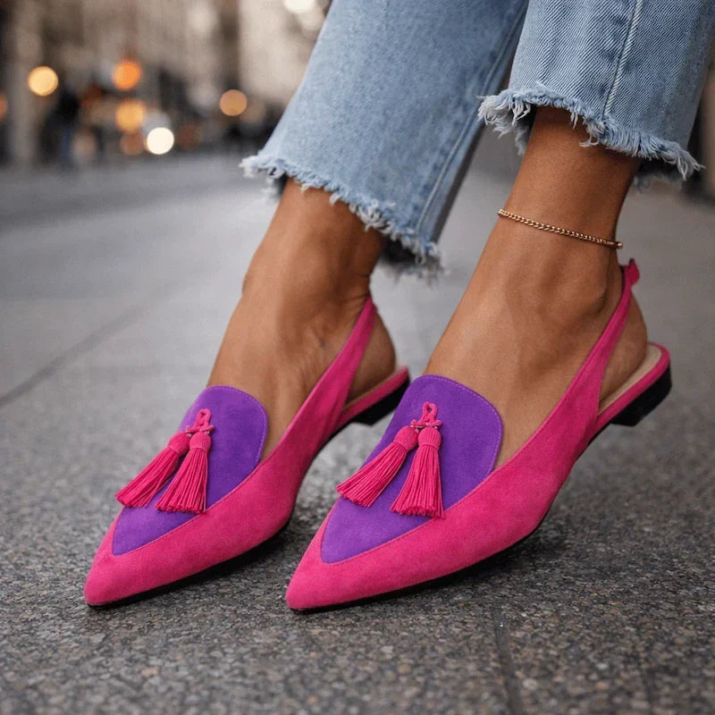 Women's sandals with straps and tassels in Pink and Violet