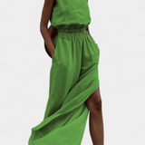 Sleeveless Cotton-Linen Wide-Leg Set in Green