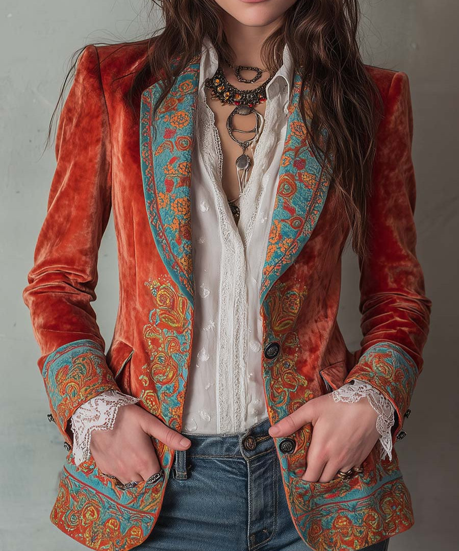 Retro Contrast Color Polyester Velvet Printed Blazer