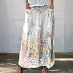 Retro Floral Art Elastic-Waist Linen Skirt