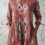Elise Long Blouse with V-Neck in Red