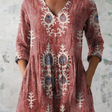 Elise Long Blouse with V-Neck in Red